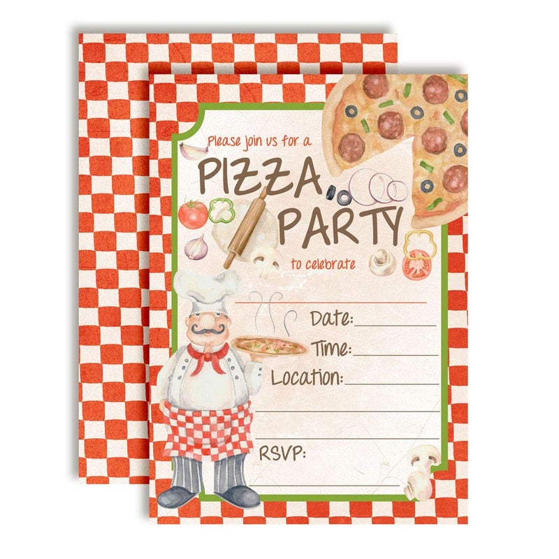 Amanda Creation Watercolor Chef Pizza Party Themed Birthday Party Invitations for Kids, 20 5x7 Fill In Cards with Twenty White Envelopes by AmandaCreation - Image 1